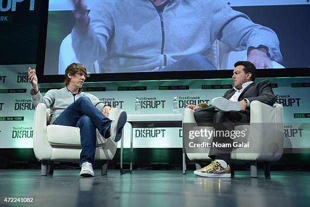 And Co-Founder of Foursquare, Dennis Crowley and Co-Editor at TechCrunch, Matthew Panzarino appear onstage during TechCrunch Disrupt NY 2015 - Day 2...