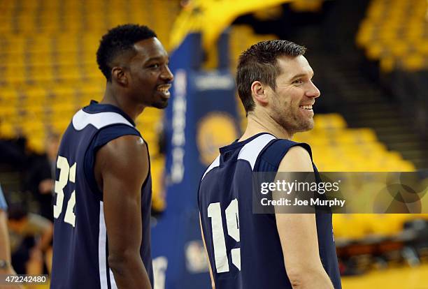 Jeff Green amd Beno Udrih of the Memphis Grizzlies participates during a team practice before game one of the Western Conference semifinals of the...