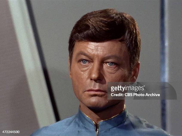 DeForest Kelley as Dr. Bones McCoy in the STAR TREK episode, "Journey to Babel." Season 2, episode 10 originally broadcast November 17, 1967.