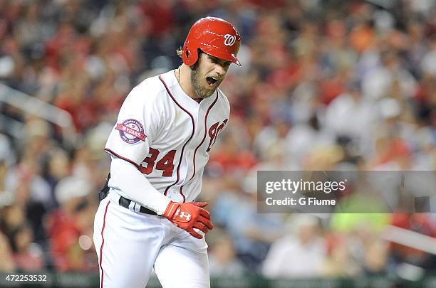 Bryce Harper of the Washington Nationals reacts after flying out against the Miami Marlins at Nationals Park on May 4, 2015 in Washington, DC.