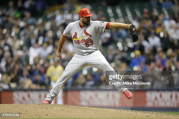 Jordan Walden of the St. Louis Cardinals pitches during the game against the Milwaukee Brewers at Miller Park on April 24, 2015 in Milwaukee,...