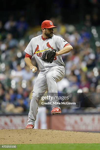 Jordan Walden of the St. Louis Cardinals pitches during the game against the Milwaukee Brewers at Miller Park on April 24, 2015 in Milwaukee,...