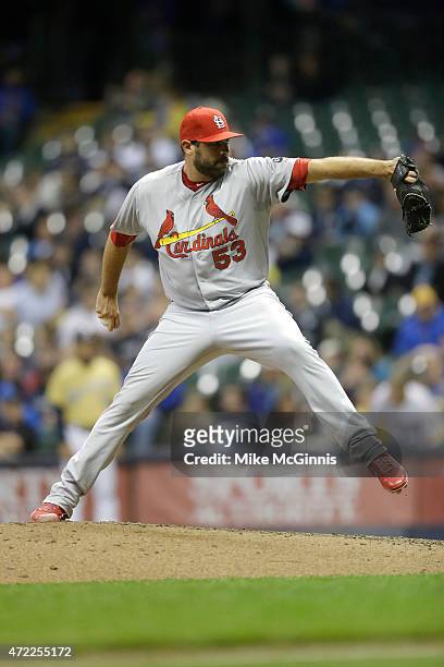 Jordan Walden of the St. Louis Cardinals pitches during the game against the Milwaukee Brewers at Miller Park on April 24, 2015 in Milwaukee,...