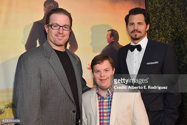 Former MLB pitcher Nate Robertson, actor David DeSanctis and actor Kristoffer Polaha attend the premiere of Roadside Attractions' & Godspeed...
