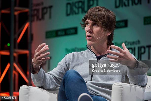 Dennis Crowley, co-founder of Foursquare Labs Inc., speaks during the TechCrunch Disrupt NYC 2015 conference in New York, U.S., on Tuesday, May 5,...