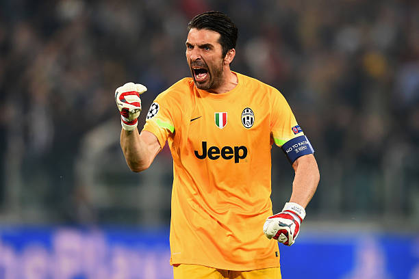 Gianluigi Buffon of Juventus celebrates as Alvaro Morata of Juventus scores their first goal during the UEFA Champions League semi final first leg...