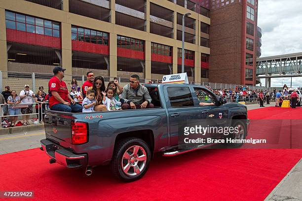 American League All-Star Miguel Cabrera of the Detroit Tigers in the Red Carpet Parade leading to the 85th MLB All-Star Game at Target Field on July...