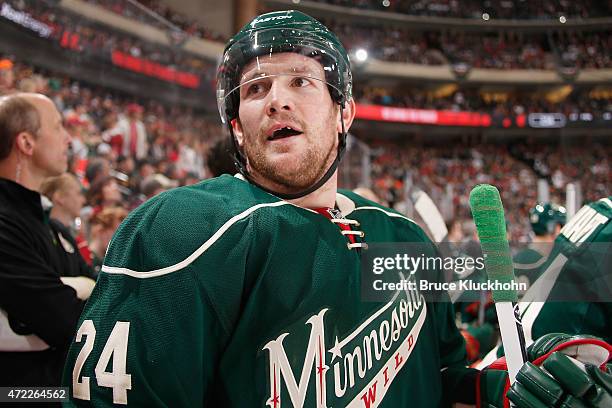 Matt Cooke of the Minnesota Wild talks to the St. Louis Blues bench in Game Six of the Western Conference Quarterfinals during the 2015 NHL Stanley...