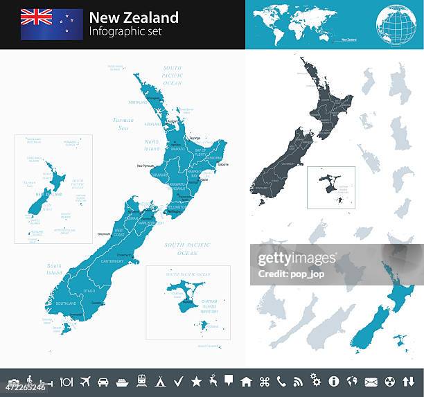 neuseeland – infografik karte-illustration - new zealand map vector stock-grafiken, -clipart, -cartoons und -symbole