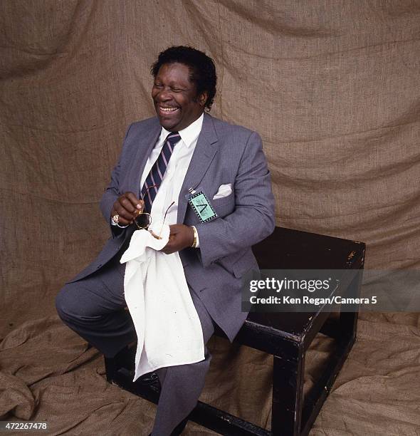 Blues musician BB King is photographed backstage at Farm Aid on September 22, 1985 at Memorial Stadium on the campus of the University of Illinois in...