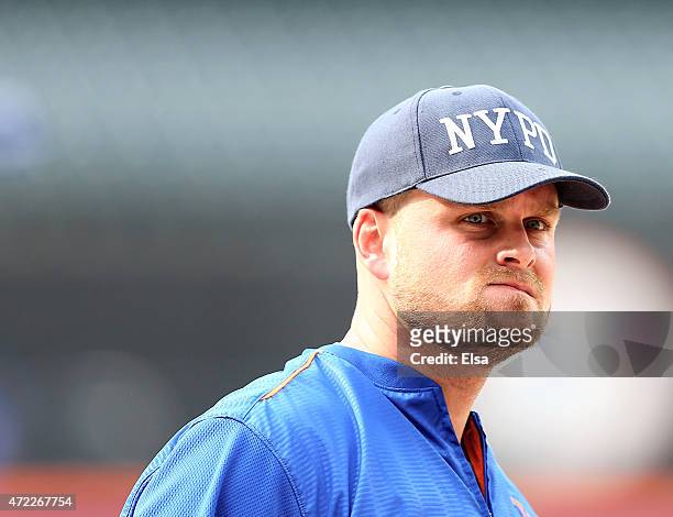 Lucas Duda of the New York Mets looks on during batting practice before the game against the Baltimore Orioles on May 5, 2015 at Citi Field in the...