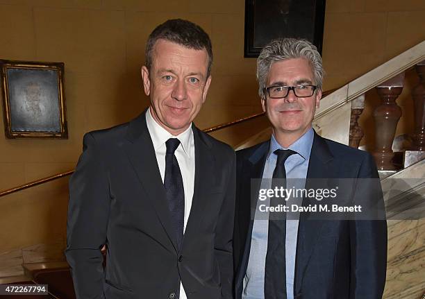 Writer Peter Morgan and prodcuer Matthew Byam Shaw attend an after party following the press night performance of "The Audience" at The Royal...