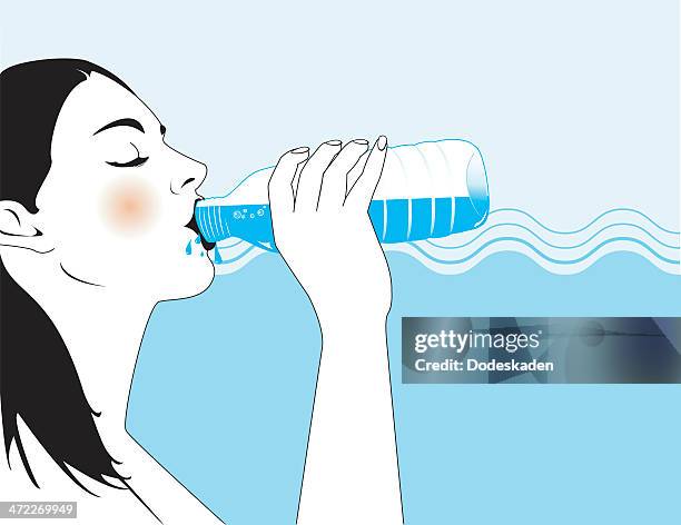 stockillustraties, clipart, cartoons en iconen met illustration of a woman drinking water against ocean waves - hot drink