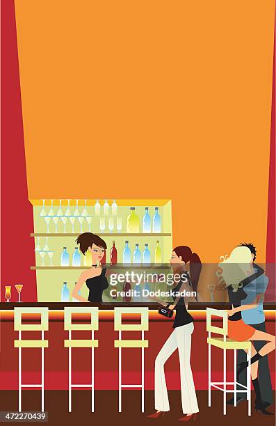 people standing at bar in nightclub with bartender serving drinks - bar interior stock illustrations