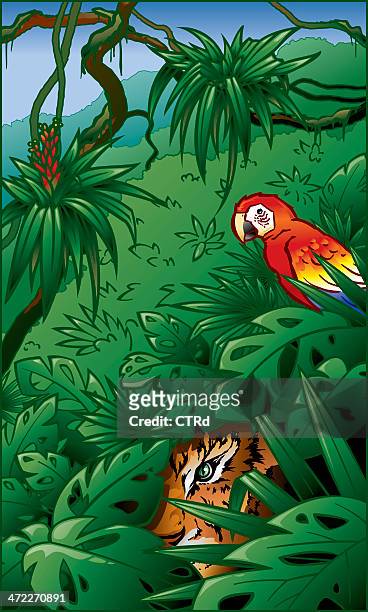 tiger and red macaw in rainforest jungle scene - liana stock illustrations