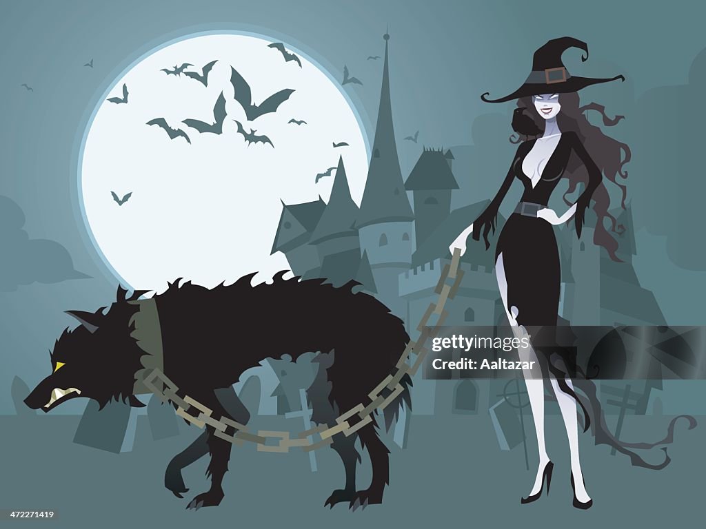 Sexy Witch Walking Pet Wolf