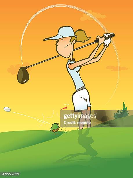 young woman playing golf - golf swing sunset stock illustrations