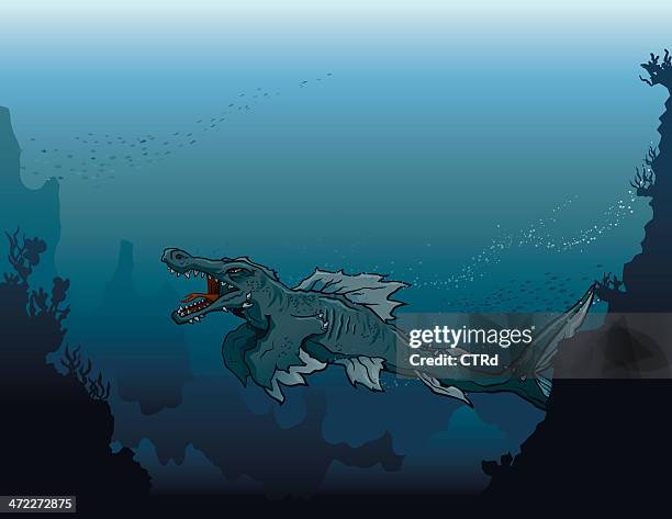 stockillustraties, clipart, cartoons en iconen met sea monster swimming in deep, dark water - sea monster