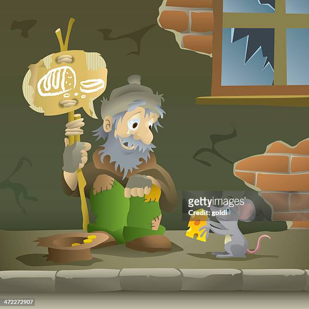 mouse giving hungry, homeless man cheese - begging social issue stock illustrations