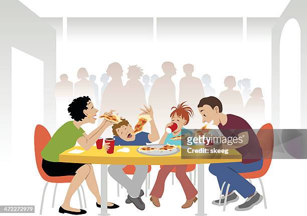 ilustraciones, imágenes clip art, dibujos animados e iconos de stock de familia de los hábitos alimenticios pizza - familia comiendo