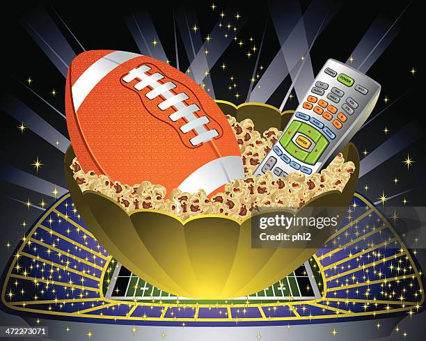 popcorn bowl with football and remote control vector - remote collaboration stock illustrations