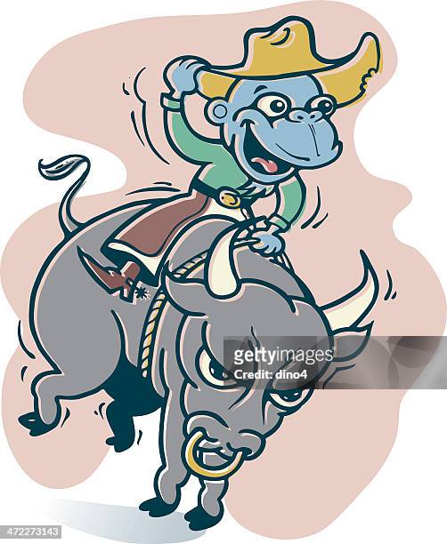 ilustraciones, imágenes clip art, dibujos animados e iconos de stock de mono azul rodeo vaquero paseos de nuevo - monta de toro