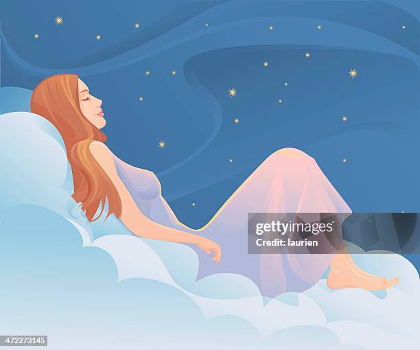 stockillustraties, clipart, cartoons en iconen met woman sleeping in the clouds. - sleeping woman