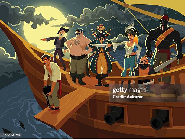 cartoon pirates on a pirate ship at night - infestation stock illustrations