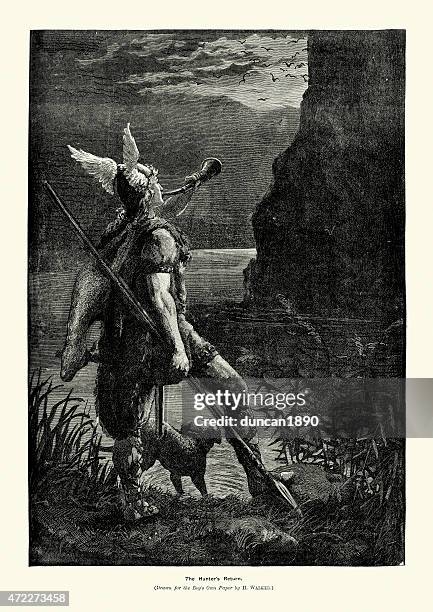 ilustrações de stock, clip art, desenhos animados e ícones de guerreiro viking-o caçador de retorno - instrumento de sopro