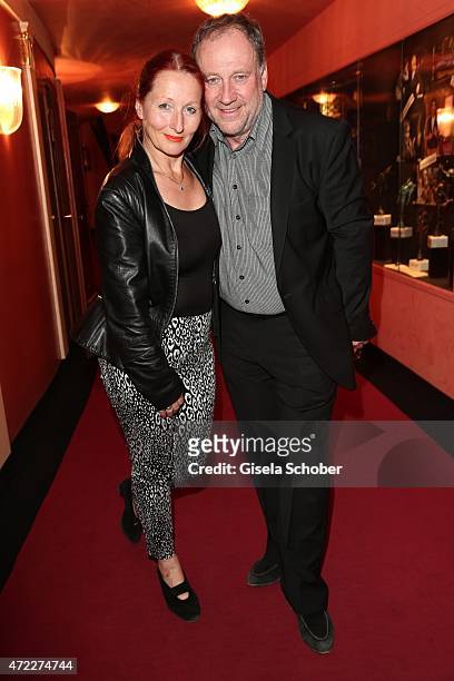 Birgit Wolff and her partner Harold Faltermeyer during the premiere of the play 'Altweiberfruehling' at Komoedie im Bayerischen Hof on May 5, 2015 in...