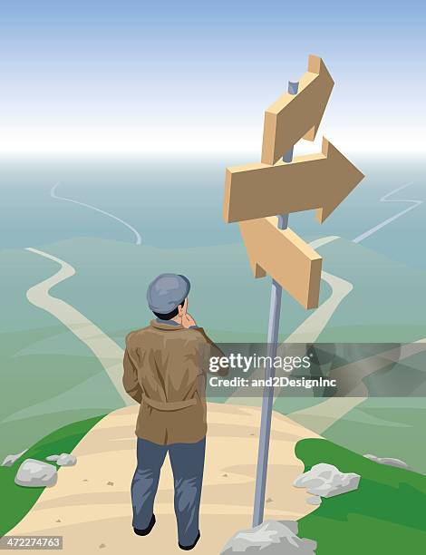 man at crossroads - single lane road stock illustrations