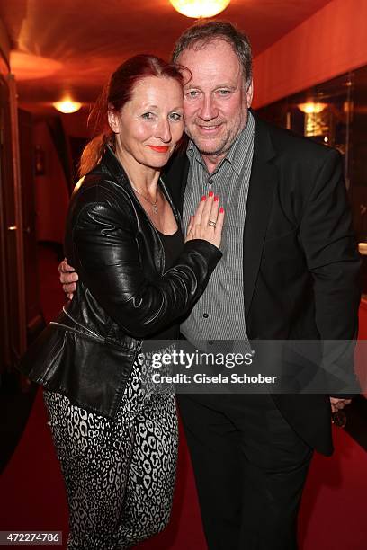 Birgit Wolff and her partner Harold Faltermeyer during the premiere of the play 'Altweiberfruehling' at Komoedie im Bayerischen Hof on May 5, 2015 in...