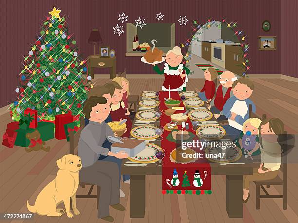 christmas eve dinner at grandma's house - christmas table stock illustrations