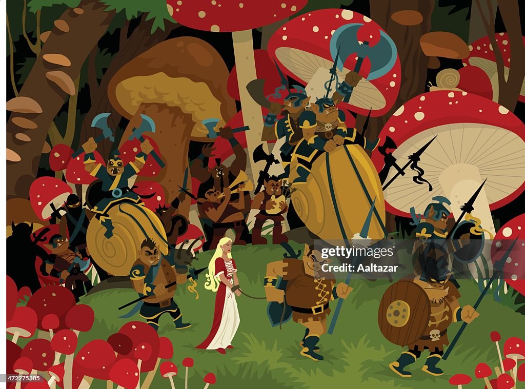 Cartoon Captured Princess Being Paraded by Dwarf Goblins