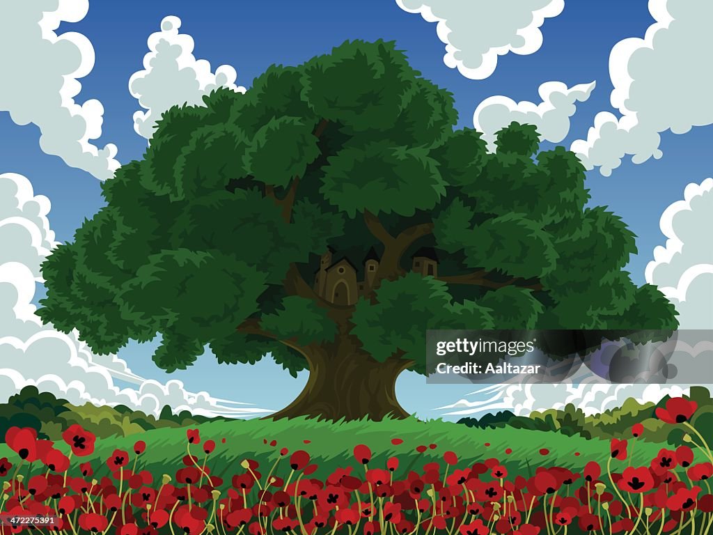 Dibujos Animados De Gran Árbol En Campo De Amapolas Ilustración de stock -  Getty Images