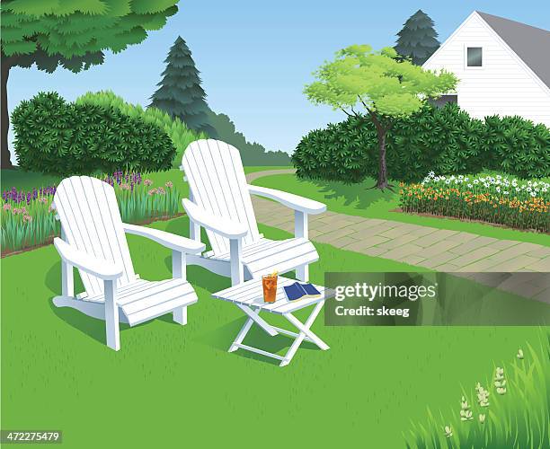 stockillustraties, clipart, cartoons en iconen met backyard garden chairs - gazon