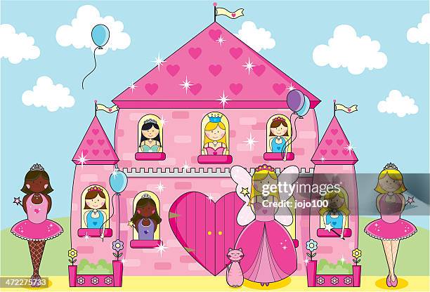 princesses, fairy and ballerinas party in fairytale pink palace. - princess-castle-background stock illustrations