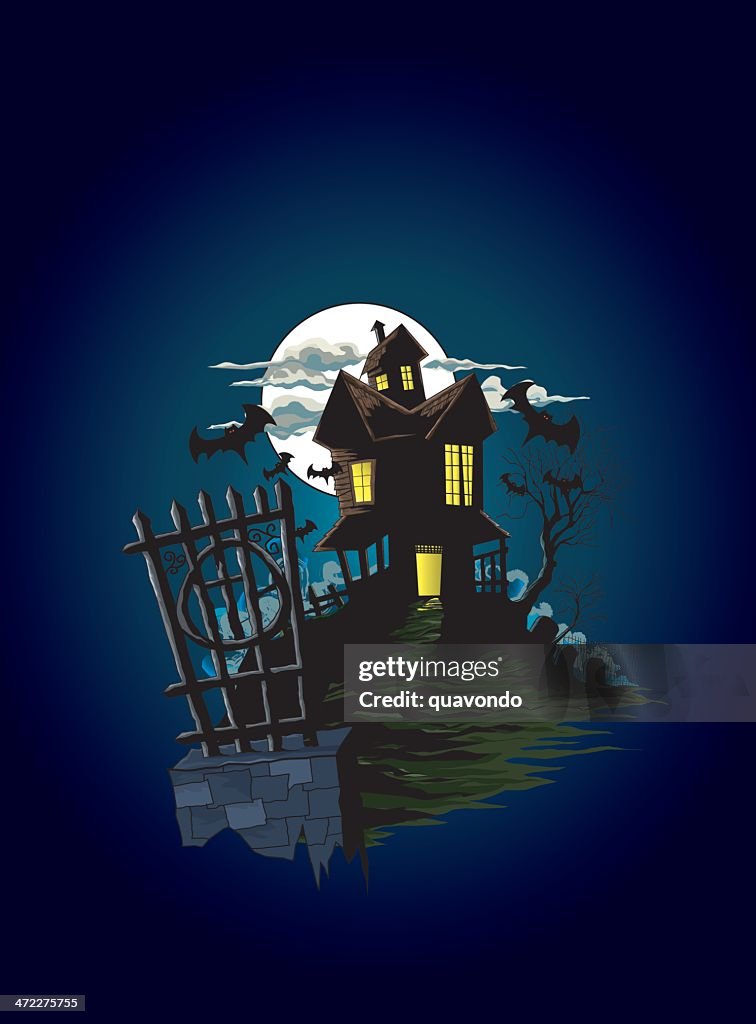 Fenced Spooky Halloween Haunted House ilustración, espacio de copia