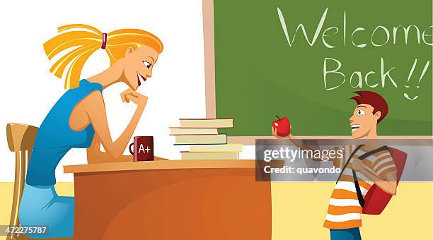 back to school illustration with teacher and student in classroom - elementary classroom stock illustrations