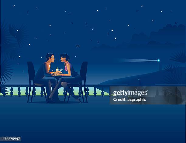 couple in night coast cafe. - romance stock illustrations