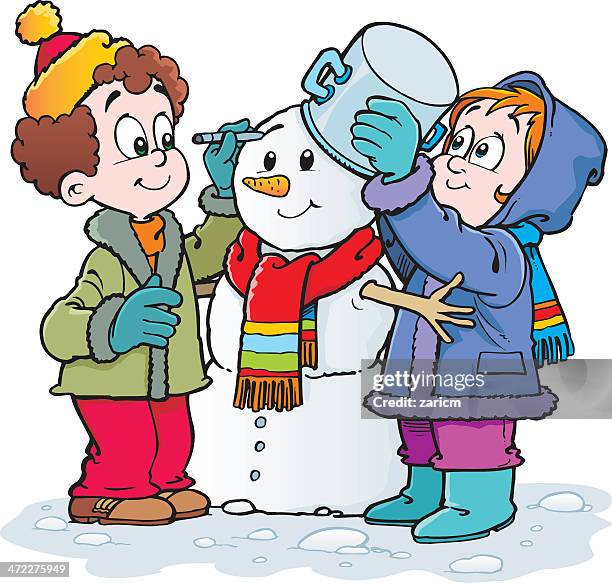 children with snowman - ear muff stock illustrations