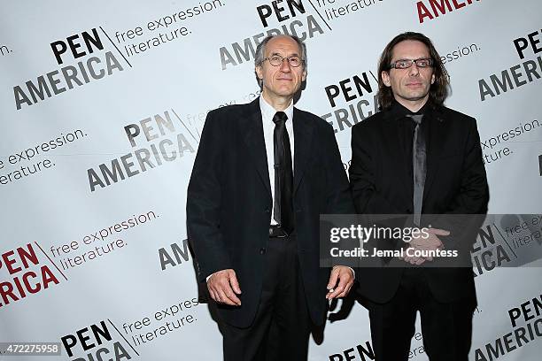 Charlie Hebdo editor-in-chief Gerard Biard and film critic Jean-Baptiste Thoret attend the PEN American Center Literary Gala at American Museum of...