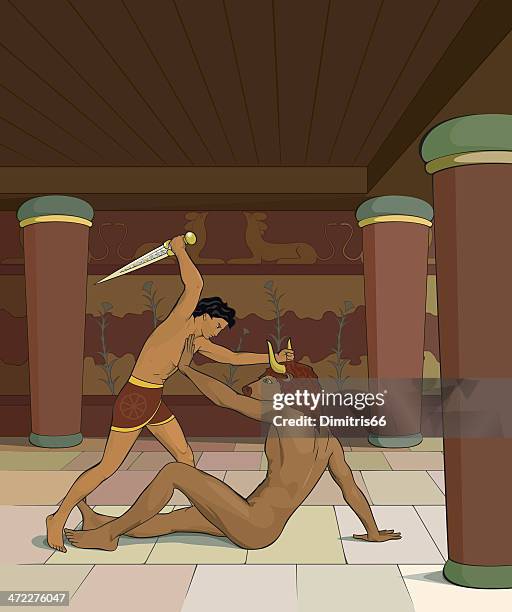theseus and minotaur - mural stock illustrations