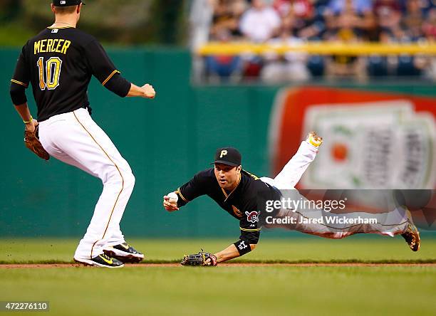 Neil Walker of the Pittsurgh Pirates flips the ball to teammate Jordy Mercer before turning a double play in the second inning against the Cincinnati...