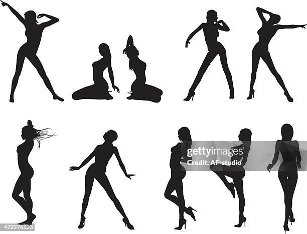 illustrations, cliparts, dessins animés et icônes de ensemble de silhouettes femme - pin up danse