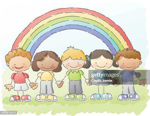 ilustrações de stock, clip art, desenhos animados e ícones de scribbles: arco-íris, crianças - edifício de infantário