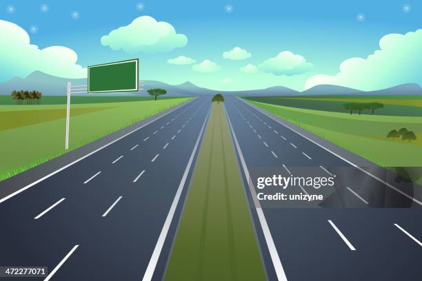 6 lane highway mit schild - autoroute stock-grafiken, -clipart, -cartoons und -symbole