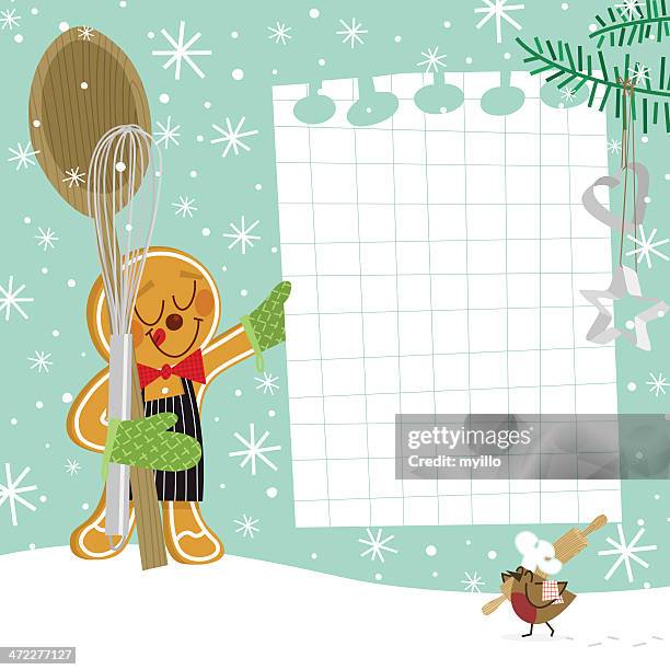 christmas cookie recipe / gingerbread man with robin bird - shopping list stock illustrations