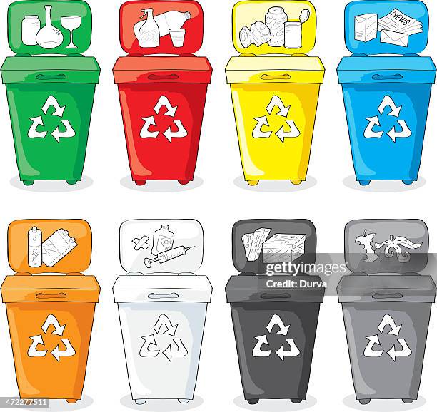 ilustrações, clipart, desenhos animados e ícones de cor garbages para reciclagem dos materiais - information symbol