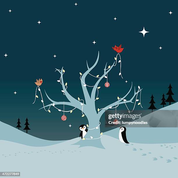 decorating the tree! - christmas penguins stock illustrations